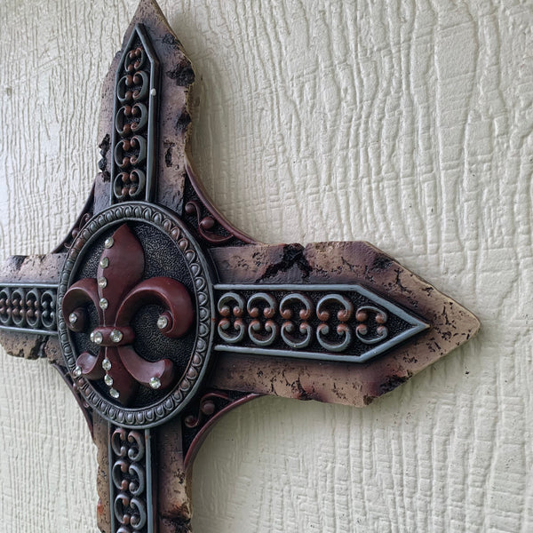 P&G FLEUR DE LIS STONE CROSS WESTERN HOME DECOR NEW ART--FREE SHIPPING