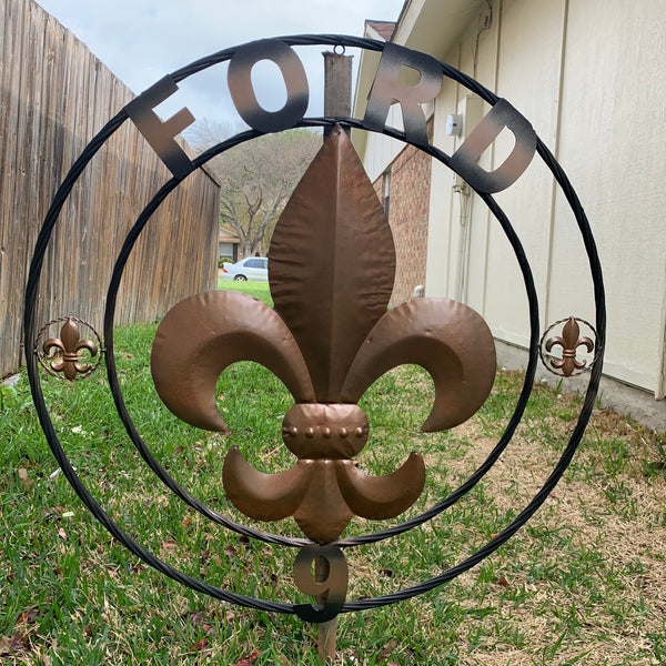 FORD STYLE YOUR CUSTOM NAME FLEUR DE LIS METAL TWISTED ROPE RING SIGN WALL ART WESTERN HOME DECOR HANDMADE 24", 32", 36"