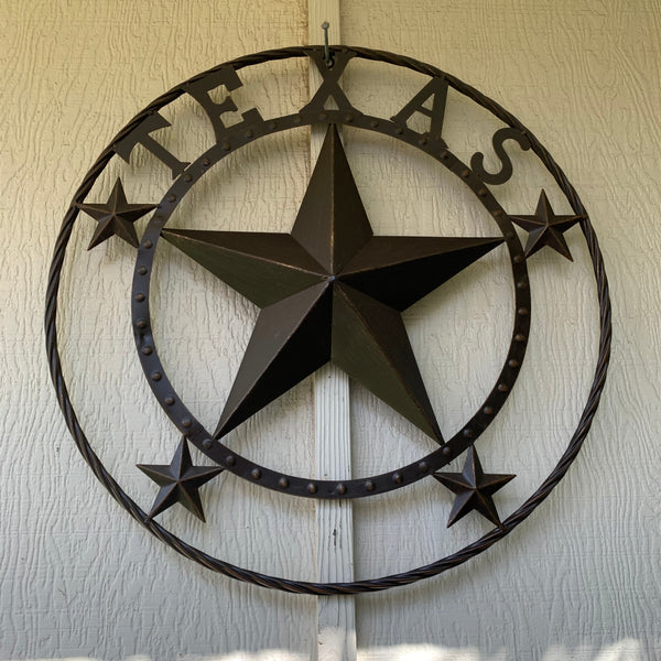 TEXAS BEADED BARN STAR WITH TWISTED ROPE RING DESIGN METAL WALL ART WESTERN HOME DECOR VINTAGE RUSTIC BRONZE ART