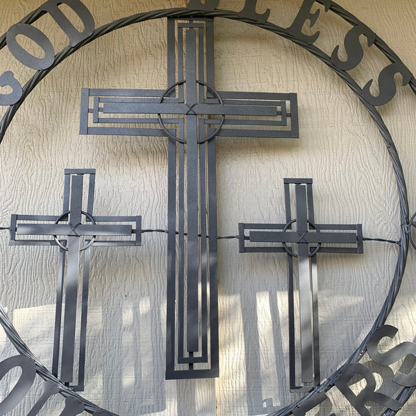 40"GOD BLESS OUR RIDERS CRUCIFIX GREY CROSS METAL WALL ART HANDMADE