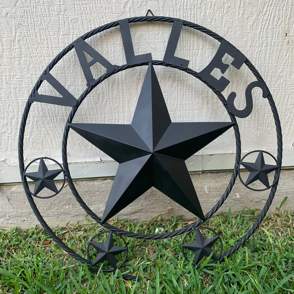 VALLES STYLE YOUR CUSTOM NAME STAR BLACK METAL BARN STAR 3d TWISTED ROPE RING WESTERN HOME DECOR VINTAGE BRONZE RUSTIC NEW HANDMADE 24",32",34",36",40",42",44",46",50"