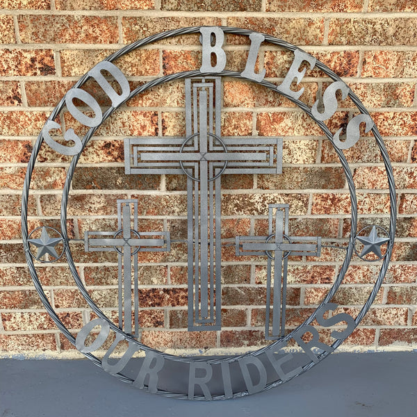 40"GOD BLESS OUR RIDERS CRUCIFIX GREY CROSS METAL WALL ART HANDMADE