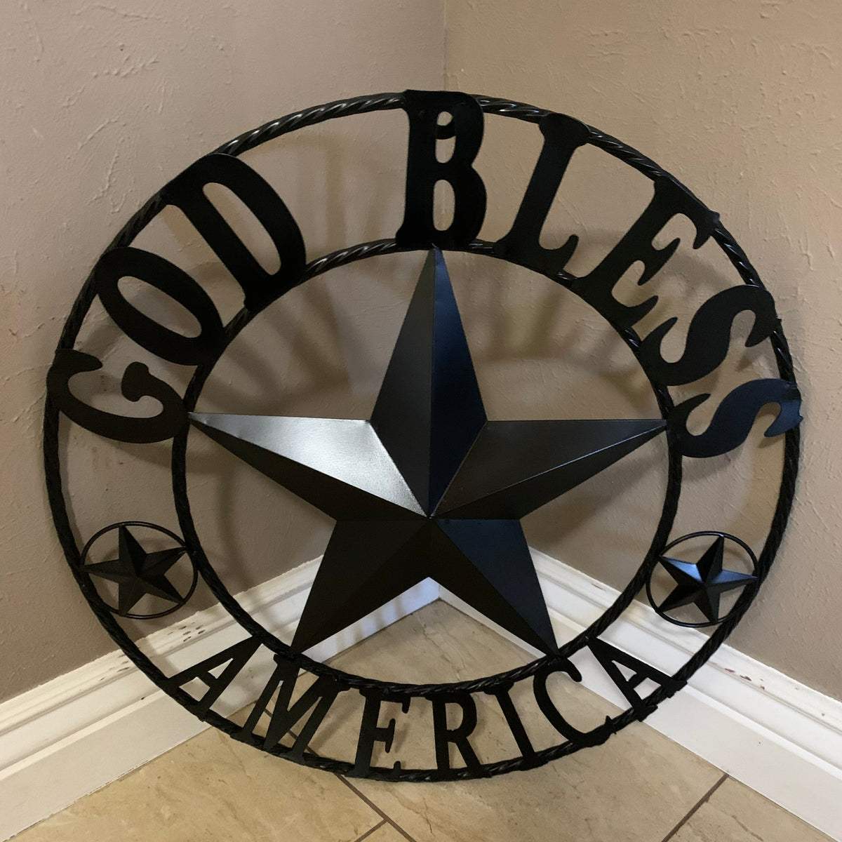 #EH10562 GOD BLESS AMERICA BLACK METAL BARN STAR WESTERN HOME DECOR HANDMADE NEW