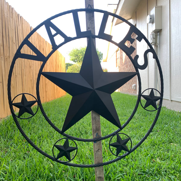 VALLES STYLE YOUR CUSTOM NAME STAR BLACK METAL BARN STAR 3d TWISTED ROPE RING WESTERN HOME DECOR VINTAGE BRONZE RUSTIC NEW HANDMADE 24",32",34",36",40",42",44",46",50"