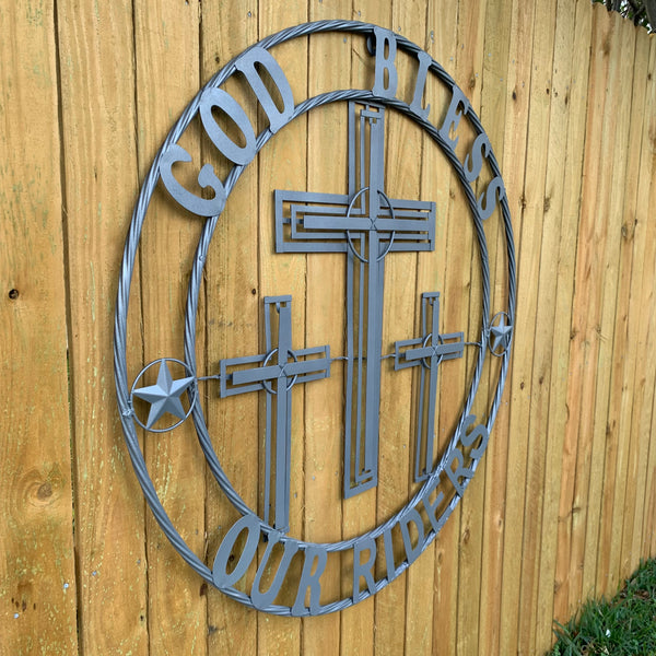 40"GOD BLESS OUR RIDERS CRUCIFIX GREY CROSS METAL WALL ART HANDMADE