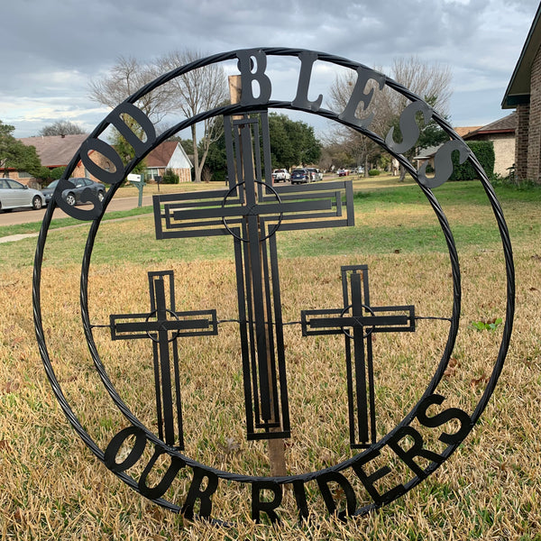 40"GOD BLESS OUR RIDERS CRUCIFIX BLACK CROSS METAL WALL ART HANDMADE