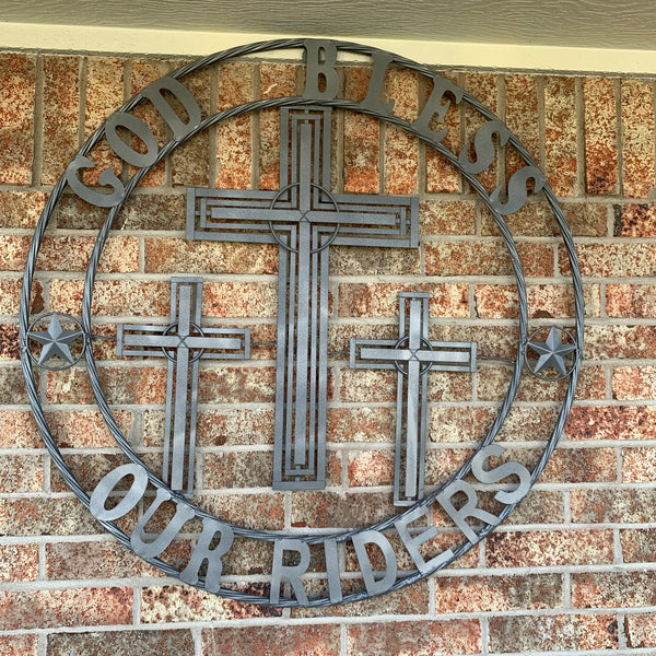 40"GOD BLESS OUR RIDERS CRUCIFIX GREY CROSS METAL WALL ART HANDMADE
