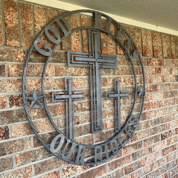 40"GOD BLESS OUR RIDERS CRUCIFIX GREY CROSS METAL WALL ART HANDMADE
