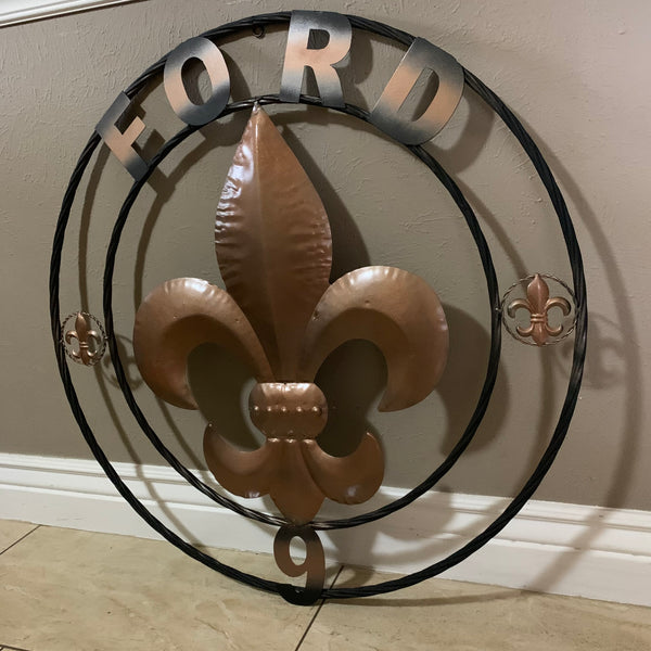 FORD STYLE YOUR CUSTOM NAME FLEUR DE LIS METAL TWISTED ROPE RING SIGN WALL ART WESTERN HOME DECOR HANDMADE 24", 32", 36"