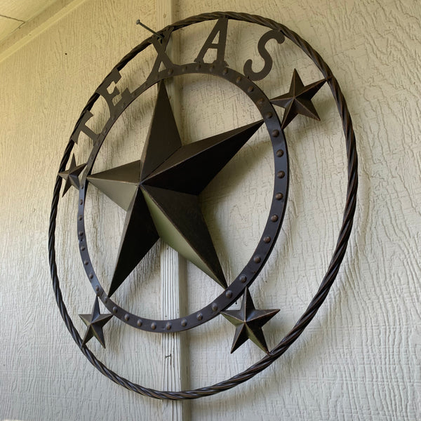 TEXAS BEADED BARN STAR WITH TWISTED ROPE RING DESIGN METAL WALL ART WESTERN HOME DECOR VINTAGE RUSTIC BRONZE ART