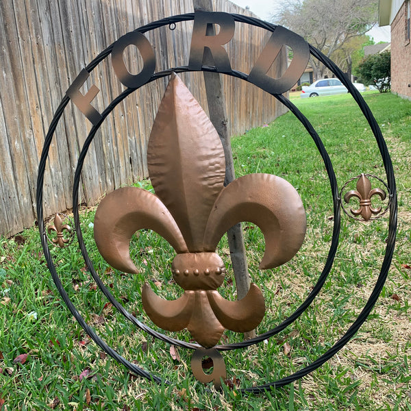 FORD STYLE YOUR CUSTOM NAME FLEUR DE LIS METAL TWISTED ROPE RING SIGN WALL ART WESTERN HOME DECOR HANDMADE 24", 32", 36"