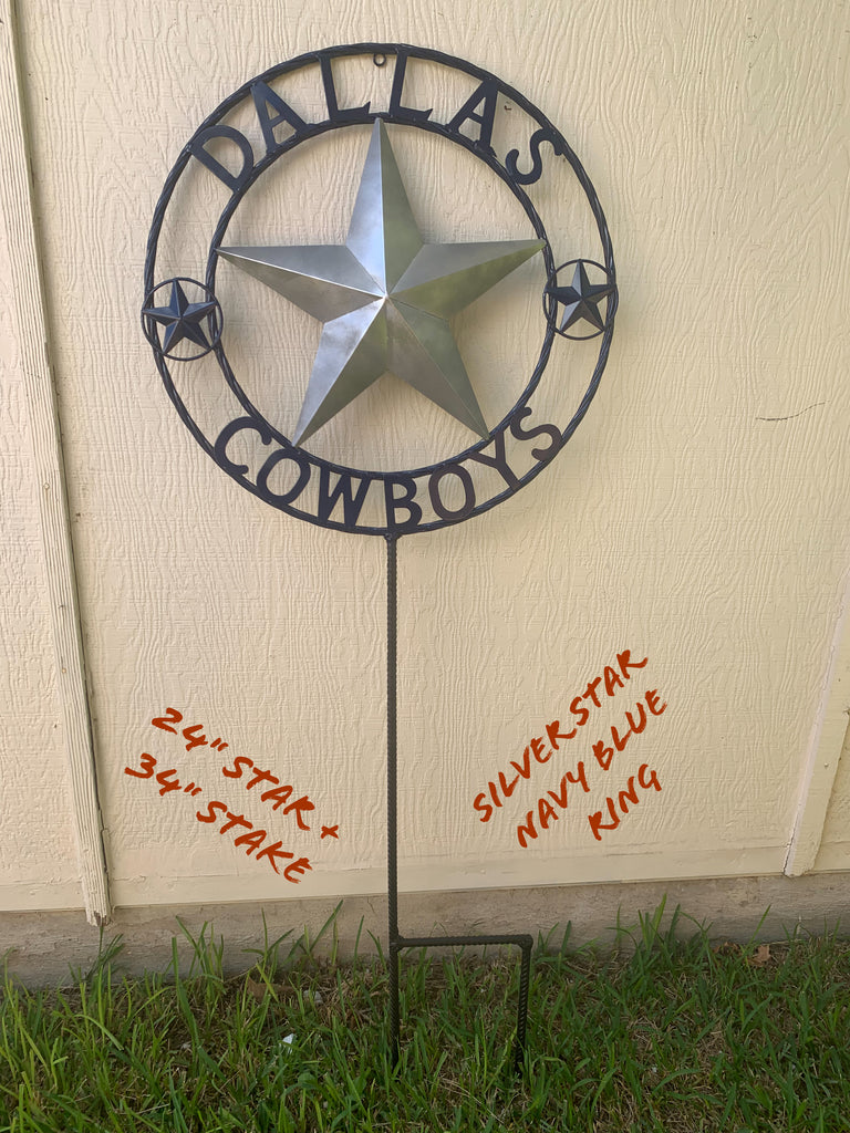 24" STAR & 34" STAKE DALLAS COWBOYS DECOR METAL ART WESTERN HOME WALL DECOR ALL SILVER & NAVY BLUE WITH 34" STAKE