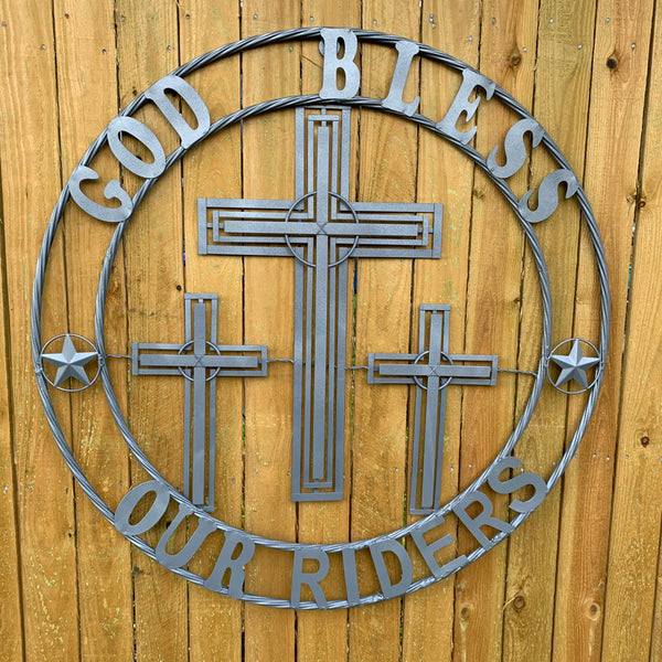 40"GOD BLESS OUR RIDERS CRUCIFIX GREY CROSS METAL WALL ART HANDMADE