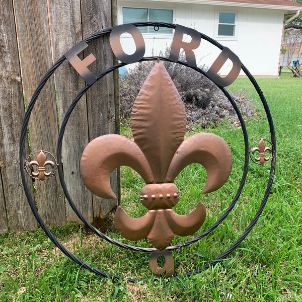 FORD STYLE YOUR CUSTOM NAME FLEUR DE LIS METAL TWISTED ROPE RING SIGN WALL ART WESTERN HOME DECOR HANDMADE 24", 32", 36"