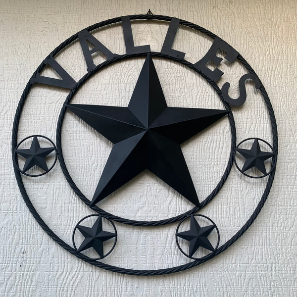 VALLES STYLE YOUR CUSTOM NAME STAR BLACK METAL BARN STAR 3d TWISTED ROPE RING WESTERN HOME DECOR VINTAGE BRONZE RUSTIC NEW HANDMADE 24",32",34",36",40",42",44",46",50"