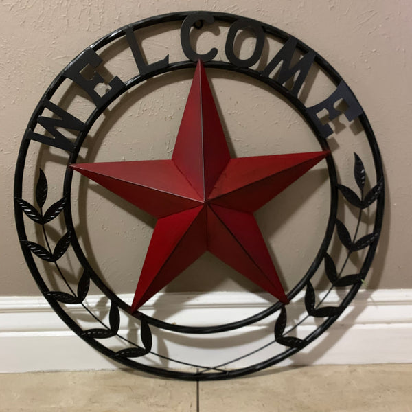 24" WELCOME LEAF LEAVES STAR METAL WALL ART WESTERN HOME DECOR RUSTIC RED HANDMADE