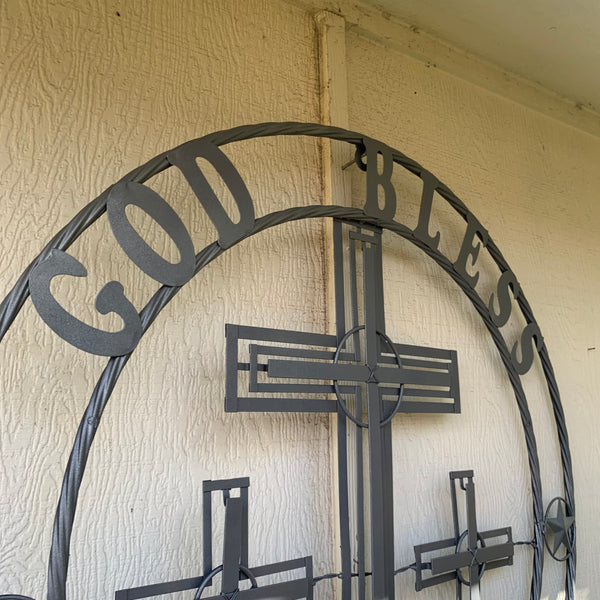40"GOD BLESS OUR RIDERS CRUCIFIX GREY CROSS METAL WALL ART HANDMADE