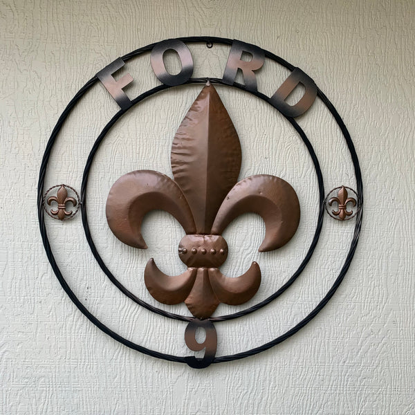 FORD STYLE YOUR CUSTOM NAME FLEUR DE LIS METAL TWISTED ROPE RING SIGN WALL ART WESTERN HOME DECOR HANDMADE 24", 32", 36"