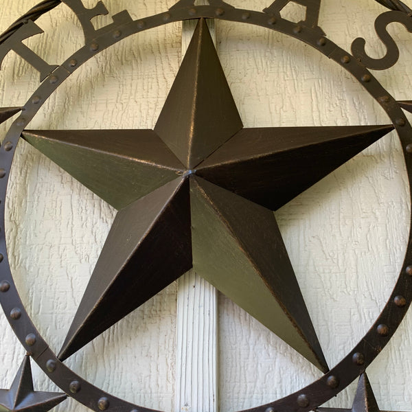 TEXAS BEADED BARN STAR WITH TWISTED ROPE RING DESIGN METAL WALL ART WESTERN HOME DECOR VINTAGE RUSTIC BRONZE ART