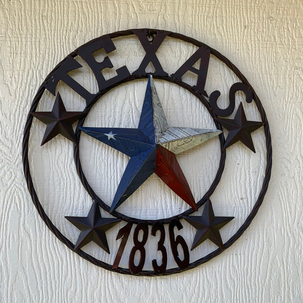 16", 24", 32", 34", 40" TEXAS 1836 LICENSE PLATE FLAG BARN STAR METAL WALL WESTERN HOME DECOR RED WHITE BLUE ART