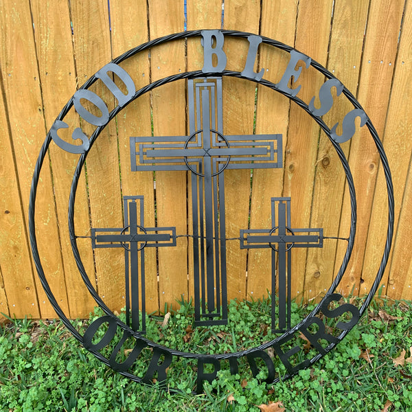 40"GOD BLESS OUR RIDERS CRUCIFIX BLACK CROSS METAL WALL ART HANDMADE