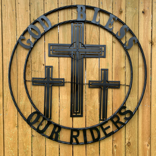 40"GOD BLESS OUR RIDERS CRUCIFIX BLACK CROSS METAL WALL ART HANDMADE