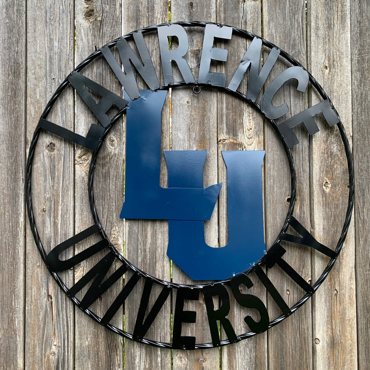 LAWRENCE UNIVERSITY METAL CUSTOM VINTAGE CRAFT WALL ART RUSTIC BLUE & BLACK TEAM SIGN HANDMADE