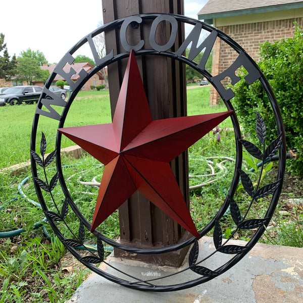 24" WELCOME LEAF LEAVES STAR METAL WALL ART WESTERN HOME DECOR RUSTIC RED HANDMADE