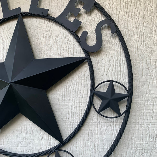 VALLES STYLE YOUR CUSTOM NAME STAR BLACK METAL BARN STAR 3d TWISTED ROPE RING WESTERN HOME DECOR VINTAGE BRONZE RUSTIC NEW HANDMADE 24",32",34",36",40",42",44",46",50"