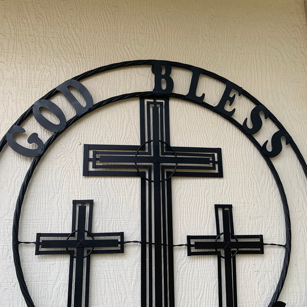 40"GOD BLESS OUR RIDERS CRUCIFIX BLACK CROSS METAL WALL ART HANDMADE