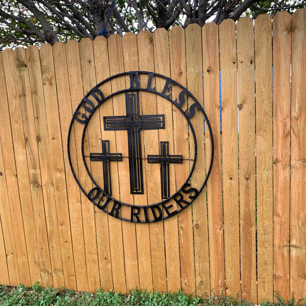 40"GOD BLESS OUR RIDERS CRUCIFIX BLACK CROSS METAL WALL ART HANDMADE