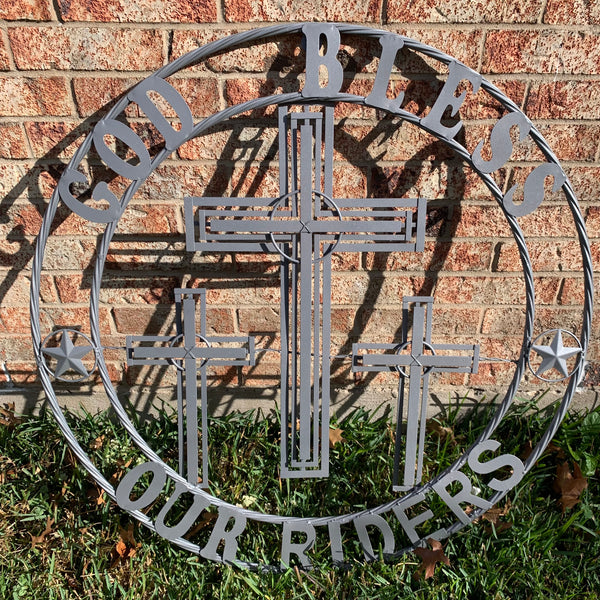 40"GOD BLESS OUR RIDERS CRUCIFIX GREY CROSS METAL WALL ART HANDMADE