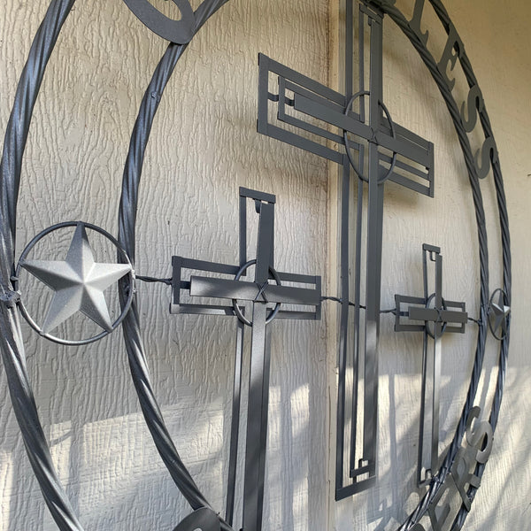 40"GOD BLESS OUR RIDERS CRUCIFIX GREY CROSS METAL WALL ART HANDMADE