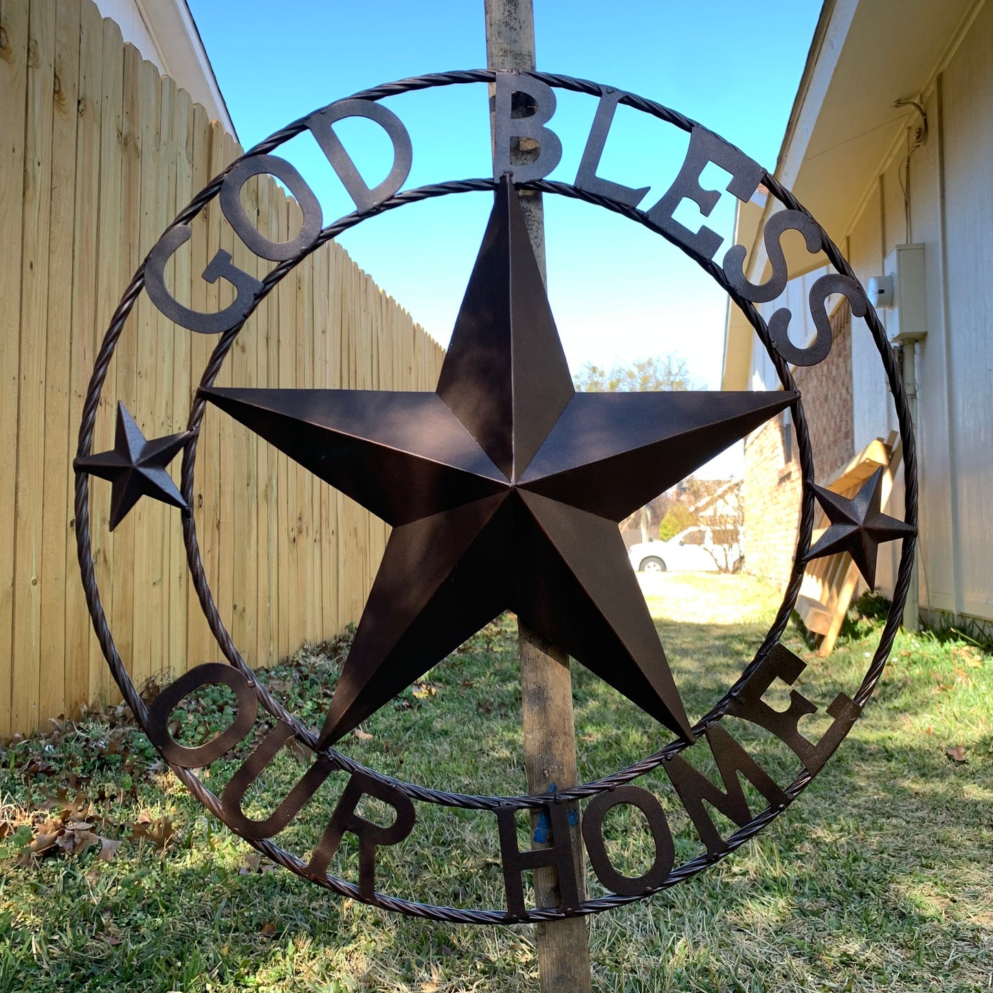 GOD BLESS OUR HOME BARN METAL STAR TWISTED ROPE RING WESTERN HOME DECOR RUSTIC BRONZE HANDMADE NEW #EH11021