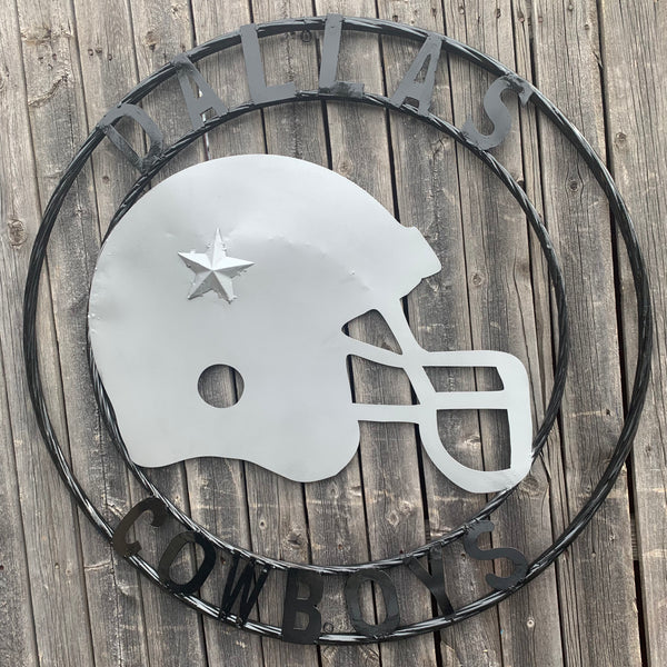 24", 32",36" DALLAS COWBOYS HELMET SIGN SILVER & BLACK CUSTOM METAL VINTAGE CRAFT TEAM SIGN HANDMADE