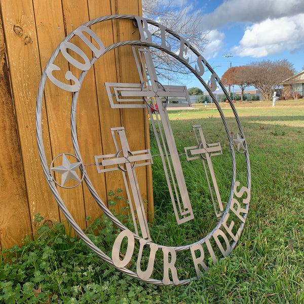 40"GOD BLESS OUR RIDERS CRUCIFIX GREY CROSS METAL WALL ART HANDMADE