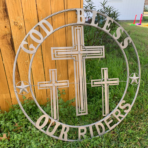 40"GOD BLESS OUR RIDERS CRUCIFIX GREY CROSS METAL WALL ART HANDMADE