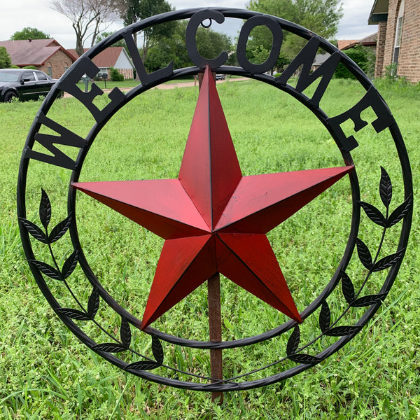 24" WELCOME LEAF LEAVES STAR METAL WALL ART WESTERN HOME DECOR RUSTIC RED HANDMADE