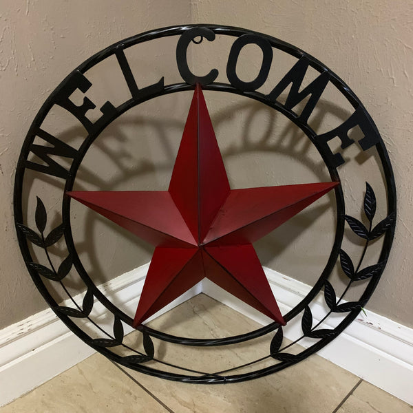 24" WELCOME LEAF LEAVES STAR METAL WALL ART WESTERN HOME DECOR RUSTIC RED HANDMADE