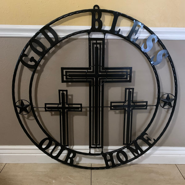 40"GOD BLESS OUR HOME CRUCIFIX CROSS METAL WALL ART BLACK HANDMADE NEW
