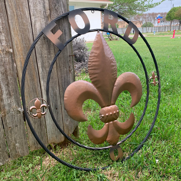 FORD STYLE YOUR CUSTOM NAME FLEUR DE LIS METAL TWISTED ROPE RING SIGN WALL ART WESTERN HOME DECOR HANDMADE 24", 32", 36"