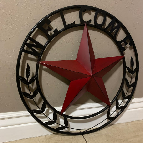 24" WELCOME LEAF LEAVES STAR METAL WALL ART WESTERN HOME DECOR RUSTIC RED HANDMADE