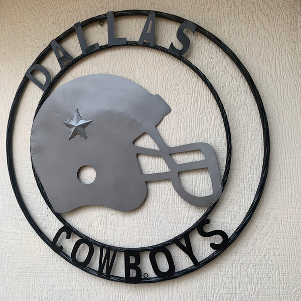 24", 32",36" DALLAS COWBOYS HELMET SIGN SILVER & BLACK CUSTOM METAL VINTAGE CRAFT TEAM SIGN HANDMADE