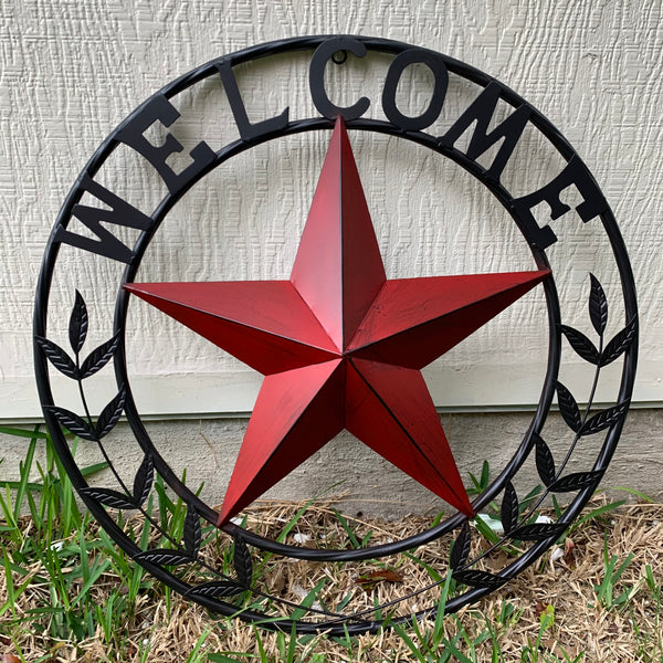 24" WELCOME LEAF LEAVES STAR METAL WALL ART WESTERN HOME DECOR RUSTIC RED HANDMADE