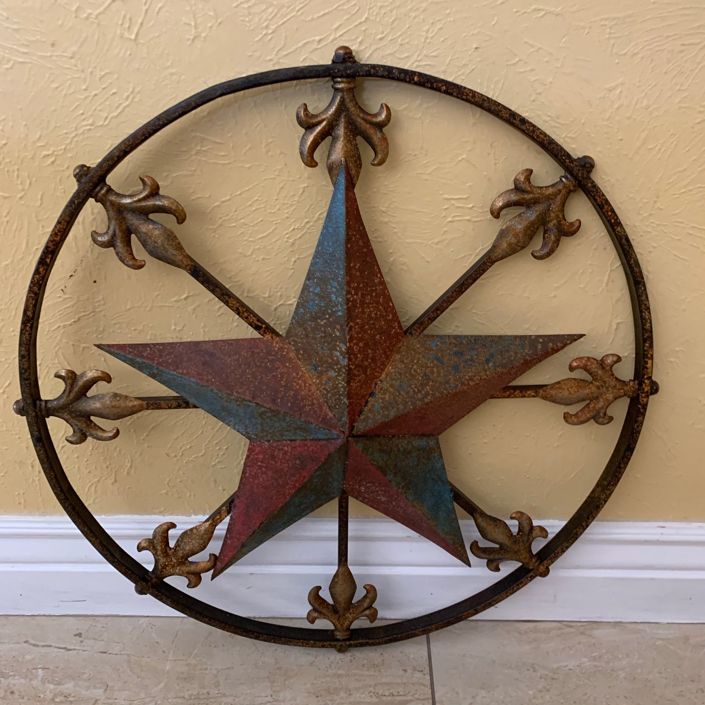 24" RUSTIC STAR & MULTI FLEUR DE LIS METAL WALL ART WESTERN HOME DECOR RED GOLD & TURQUOISE ART