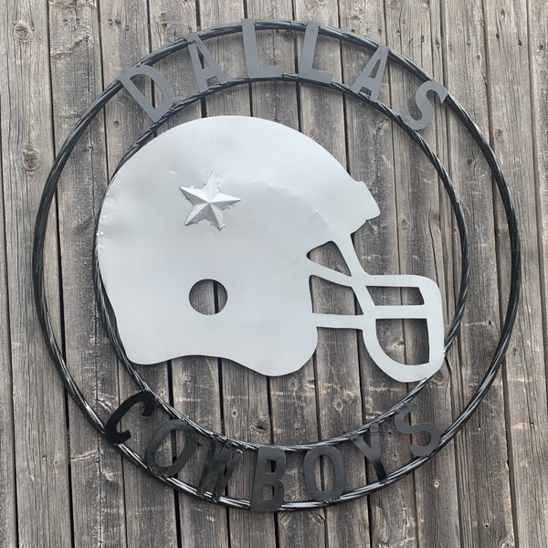 24", 32",36" DALLAS COWBOYS HELMET SIGN SILVER & BLACK CUSTOM METAL VINTAGE CRAFT TEAM SIGN HANDMADE