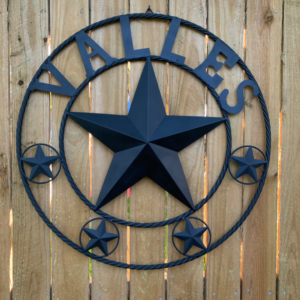 VALLES STYLE YOUR CUSTOM NAME STAR BLACK METAL BARN STAR 3d TWISTED ROPE RING WESTERN HOME DECOR VINTAGE BRONZE RUSTIC NEW HANDMADE 24",32",34",36",40",42",44",46",50"