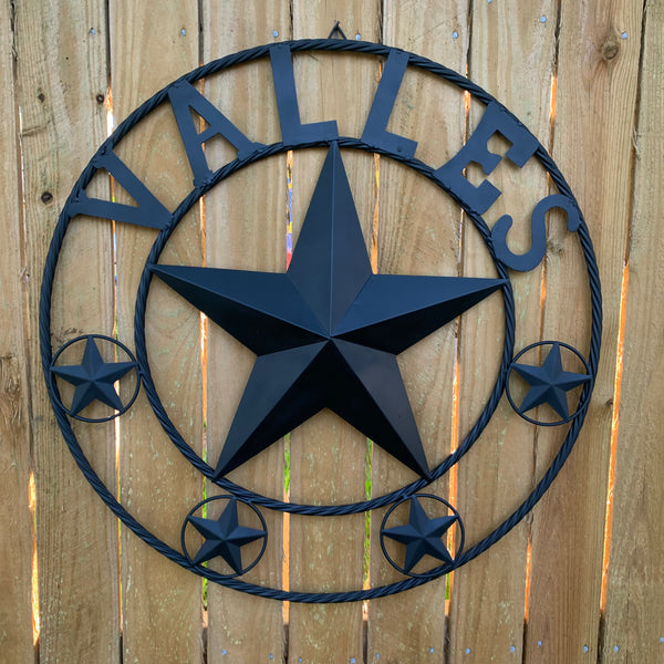 VALLES STYLE YOUR CUSTOM NAME STAR BLACK METAL BARN STAR 3d TWISTED ROPE RING WESTERN HOME DECOR VINTAGE BRONZE RUSTIC NEW HANDMADE 24",32",34",36",40",42",44",46",50"