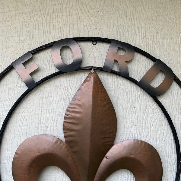 FORD STYLE YOUR CUSTOM NAME FLEUR DE LIS METAL TWISTED ROPE RING SIGN WALL ART WESTERN HOME DECOR HANDMADE 24", 32", 36"