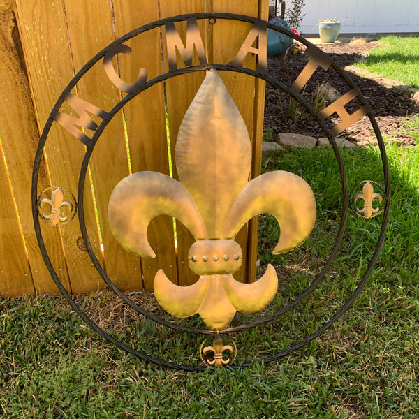 FORD STYLE YOUR CUSTOM NAME FLEUR DE LIS METAL TWISTED ROPE RING SIGN WALL ART WESTERN HOME DECOR HANDMADE 24", 32", 36"